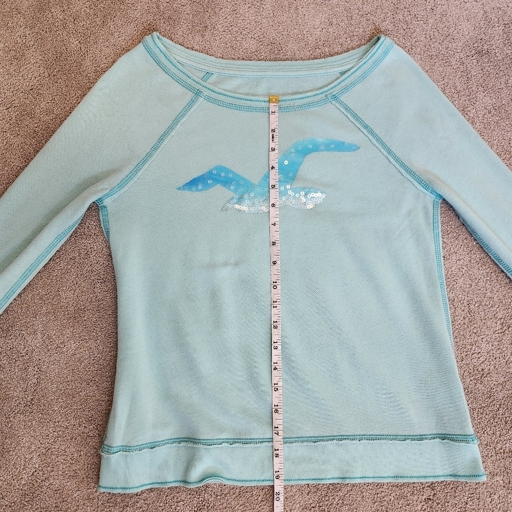 Y2K Vintage Hollister Lightweight Wide Neck Sweatshirt Lightblue Sequin Size S - Picture 12 of 15